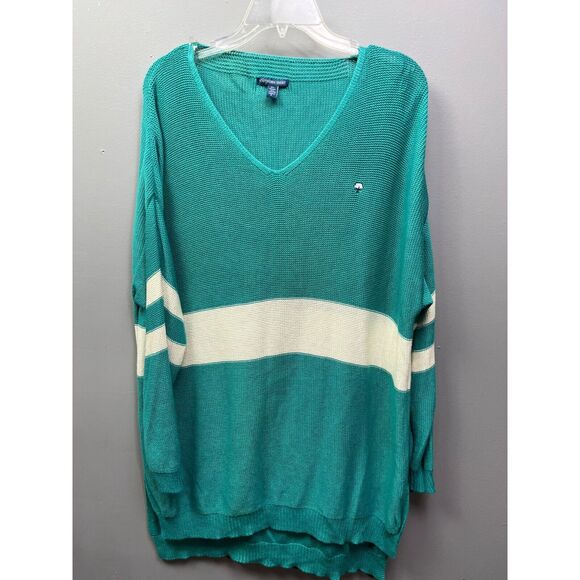 Southern‎ Shirt Sweater Women's size Large Teal/White open knit V-neck Oversize - Picture 1 of 5